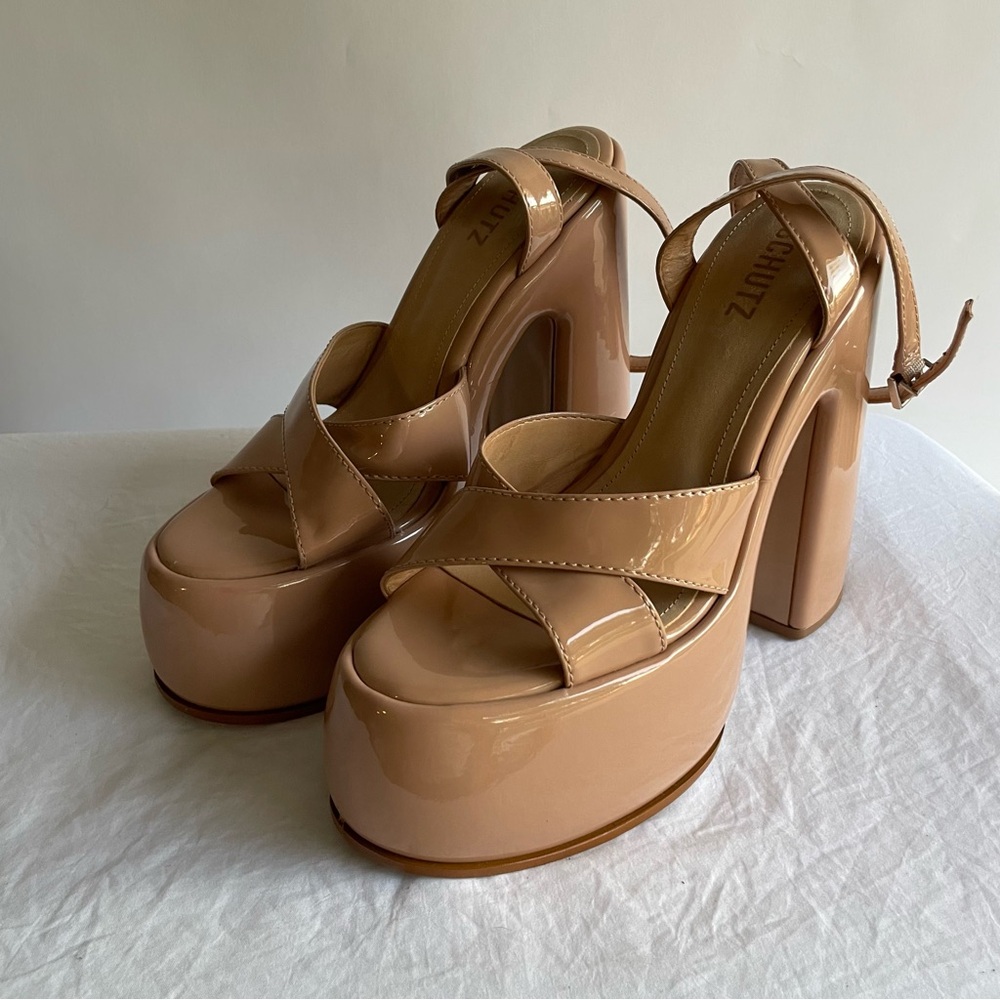 Schutz platform chunky sandals high heels strappy beige taupe sz 10 women’s drag